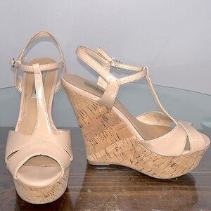 Steve Madden Woonderr Cream Leather Platform Ankle Strap Wedge Heels 6